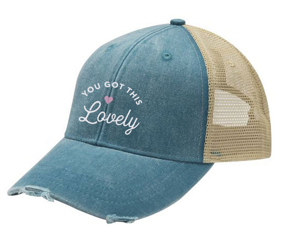 PRESALE - Lovely - Distressed Trucker Hat - Blue/Tan